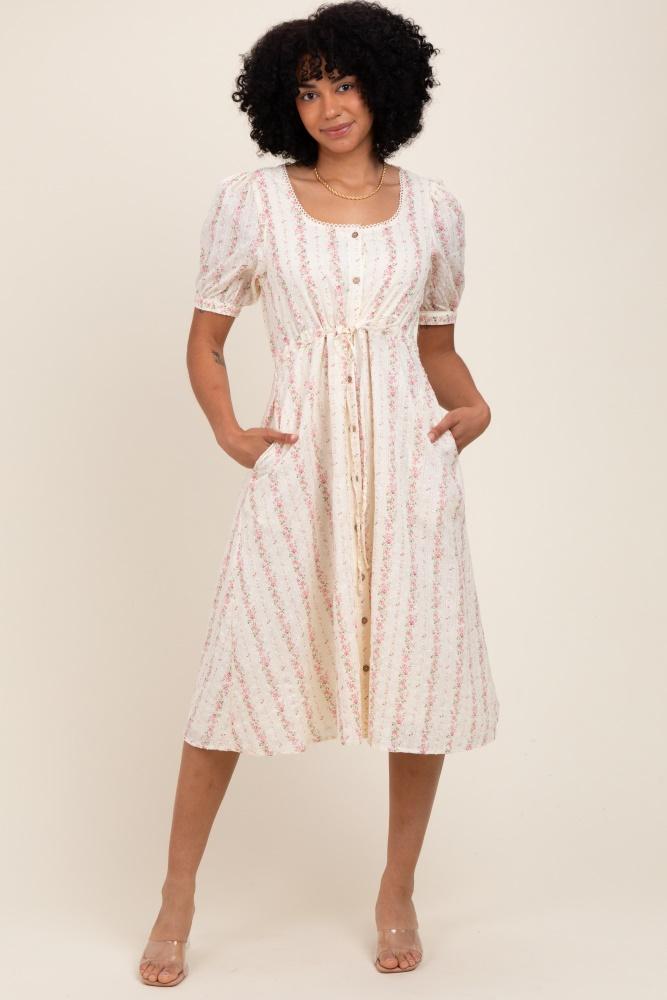 light pink swiss dot floral print button down midi dress