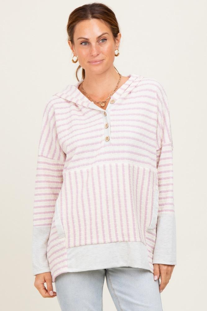light pink textured stripe button up hoodie