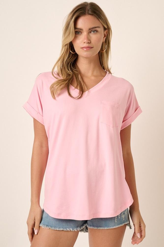 light pink v-neck pocket short sleeve shirt