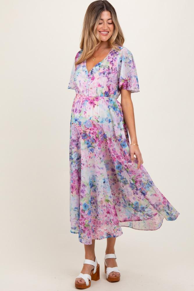 light pink watercolor floral flutter sleeve maternity midi dress
