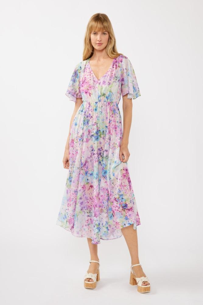 light pink watercolor floral flutter sleeve midi dress