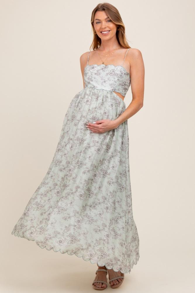 light sage floral scallop edge back cutout maternity maxi dress
