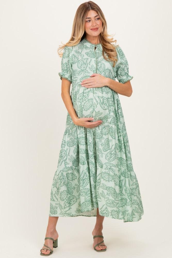 light sage paisley print tiered maternity midi dress
