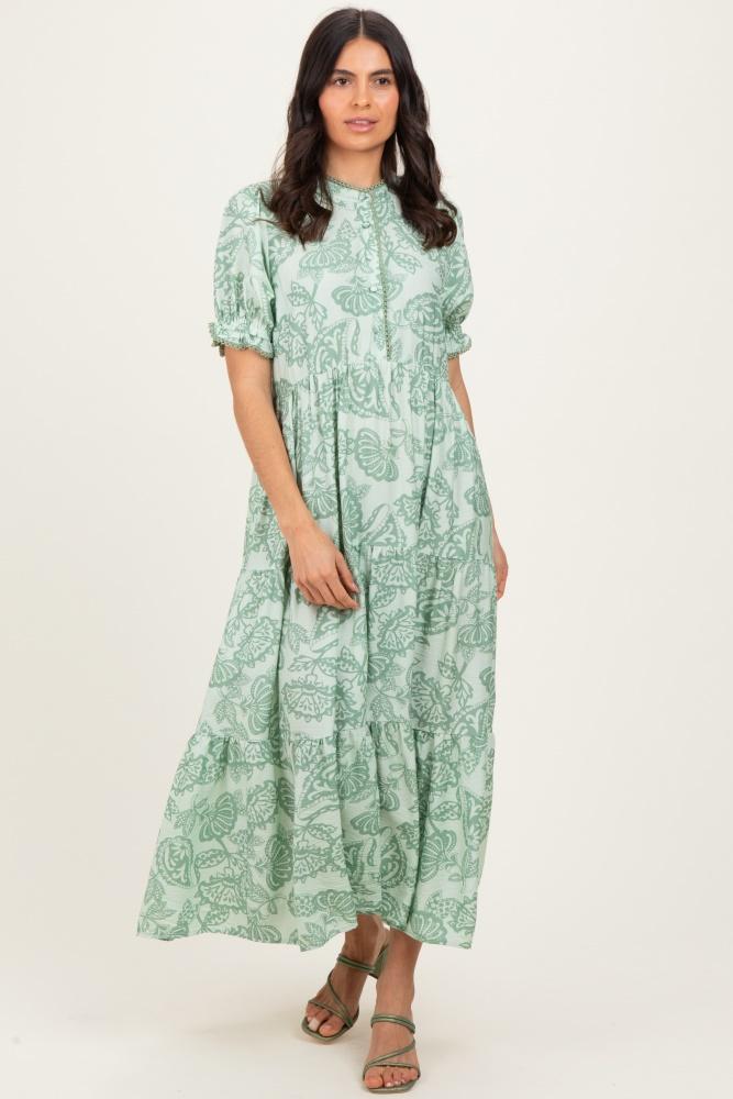 light sage paisley print tiered midi dress