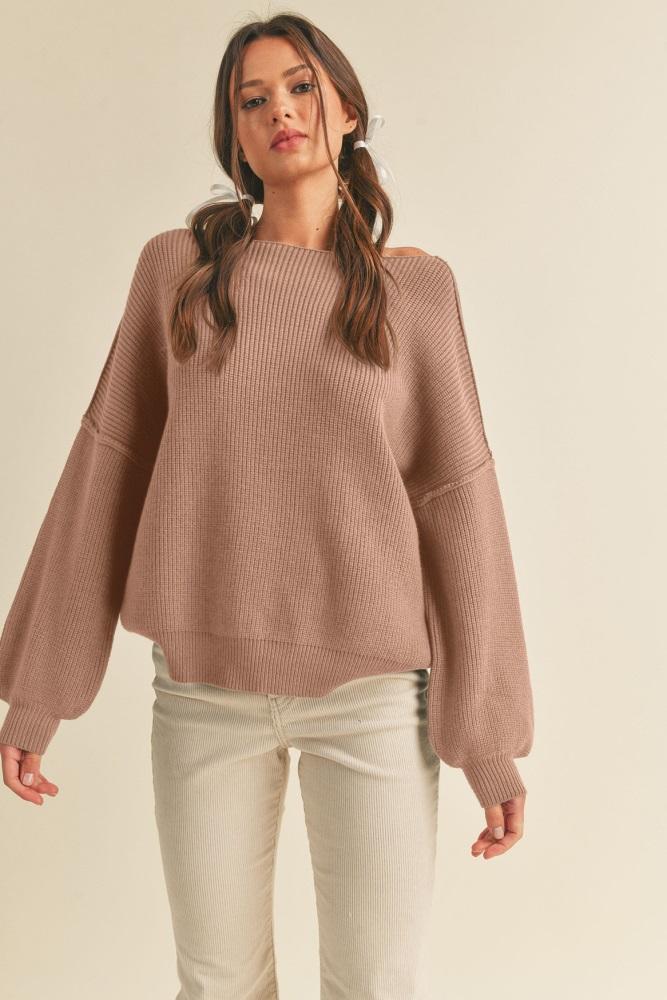 light taupe balloon sleeve boat neck knit sweater
