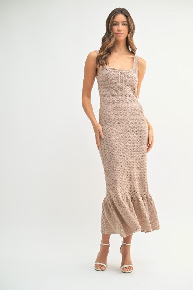 light taupe crochet knit front tie midi dress