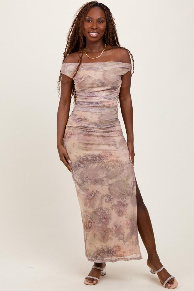light taupe floral off shoulder ruched maxi dress