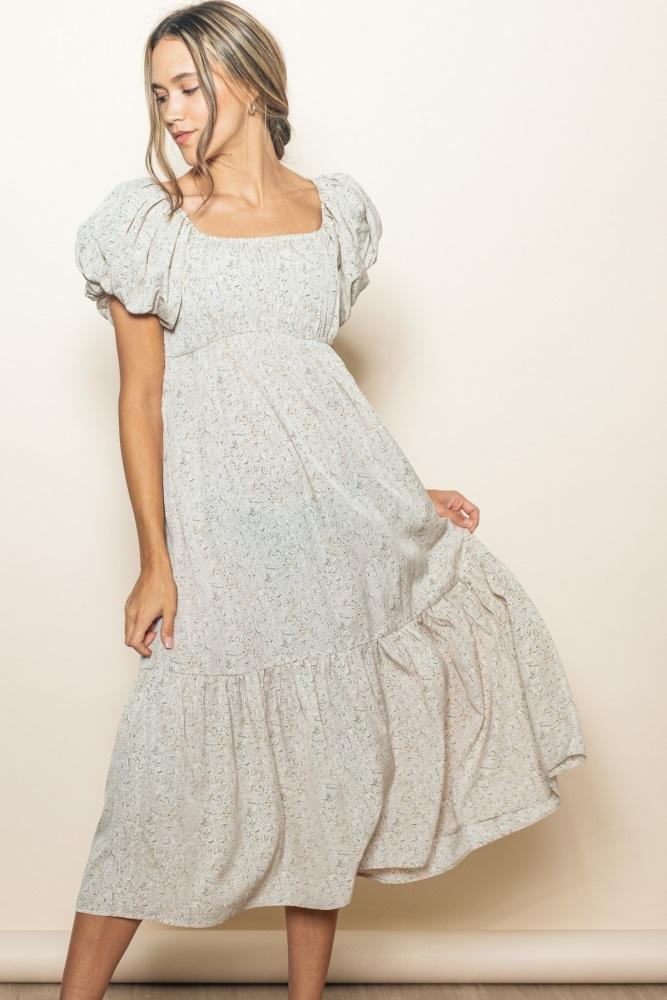 light taupe floral puffed sleeve midi dress
