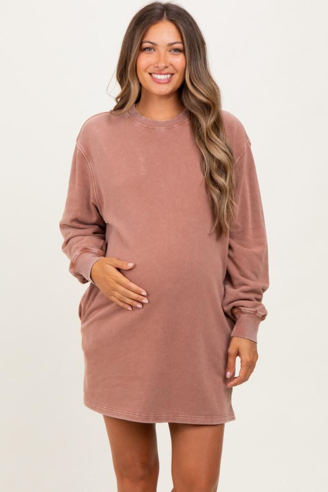 light taupe mineral wash oversized maternity sweatshirt mini dress