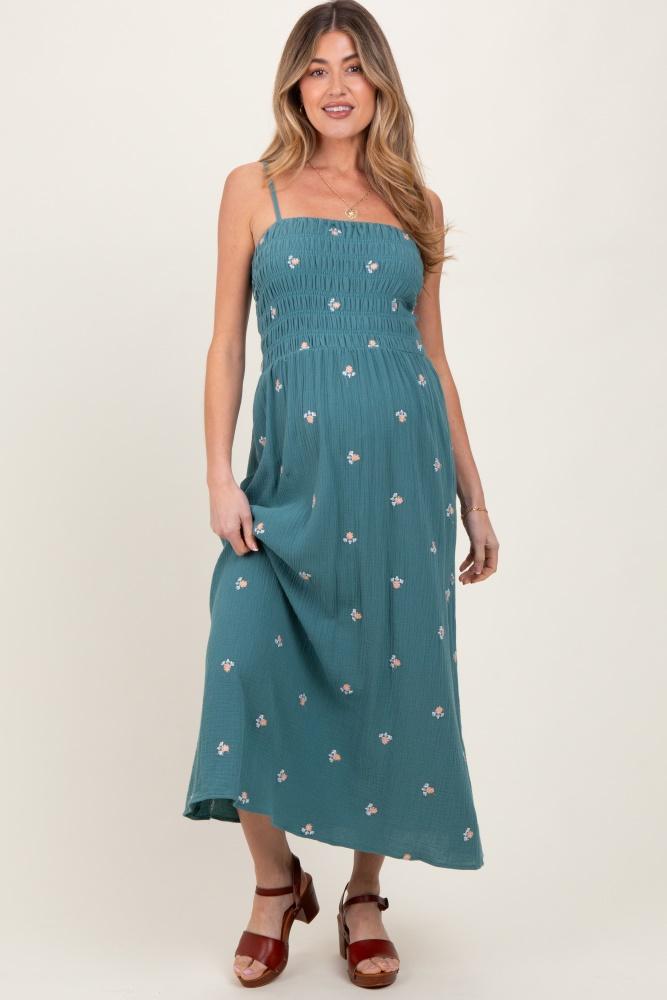 light teal embroidered floral smocked maternity midi dress