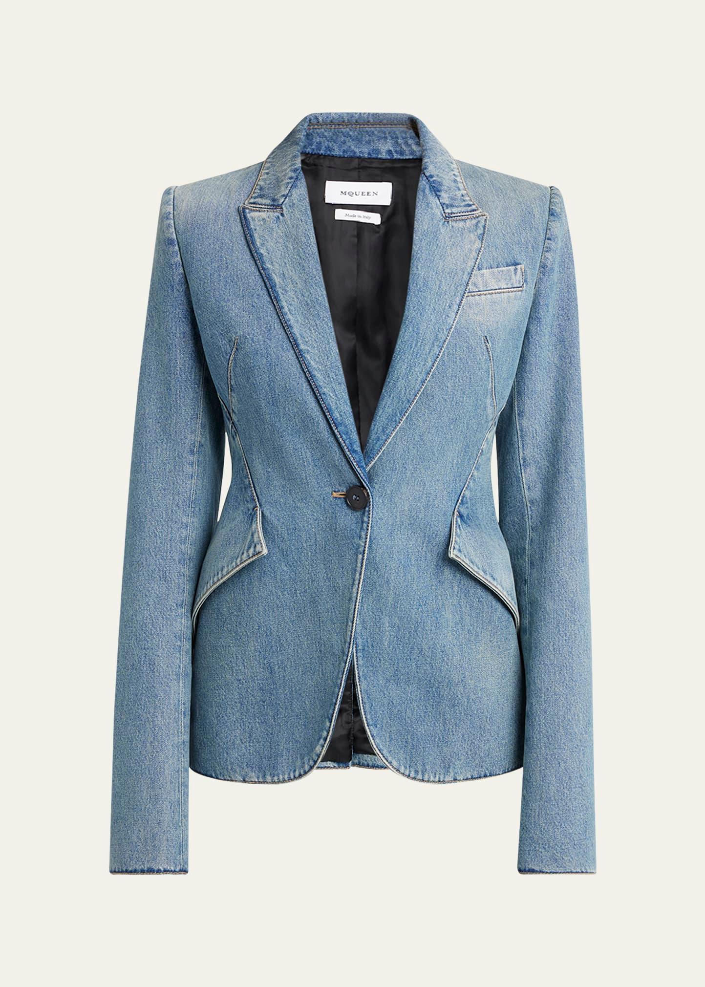 light-wash denim single-breasted blazer