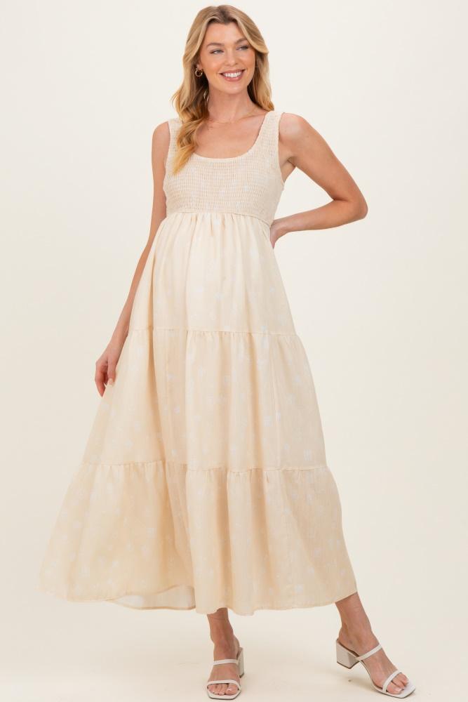 light yellow floral tiered maternity maxi dress