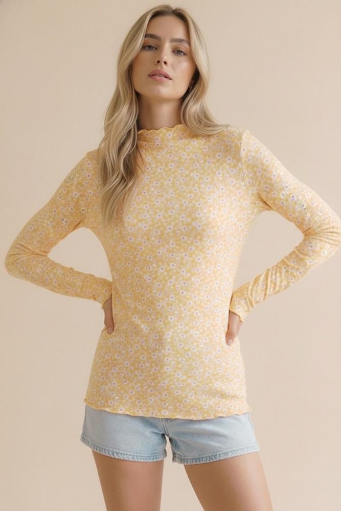 light yellow long sleeve floral print top