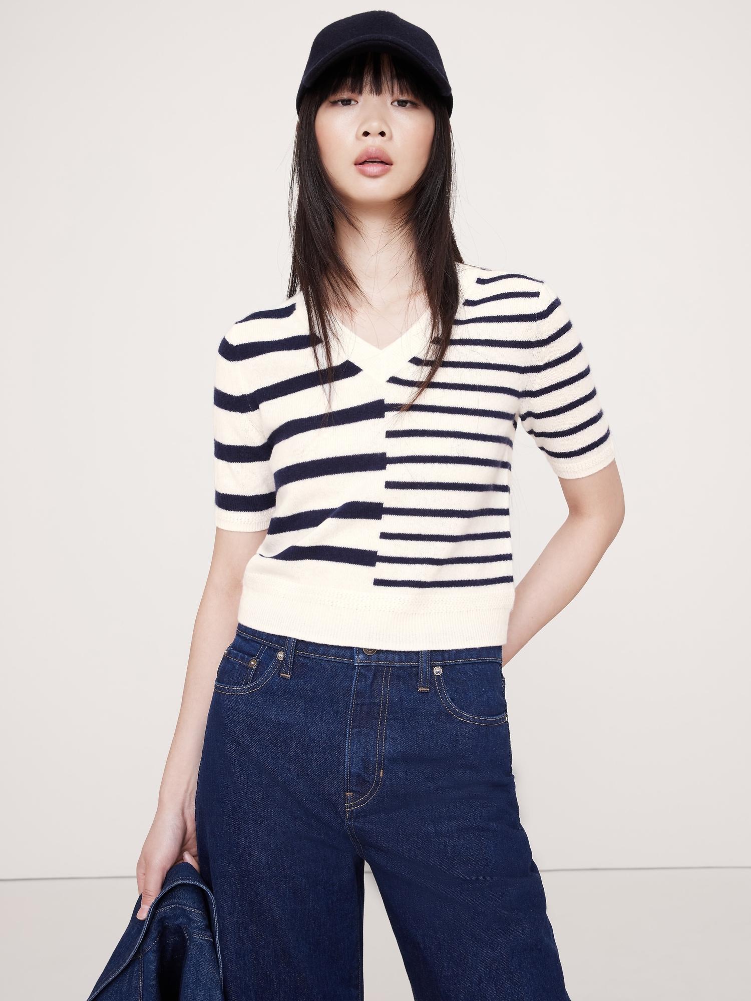 lightweight cashmere v-neck short-sleeve sweater