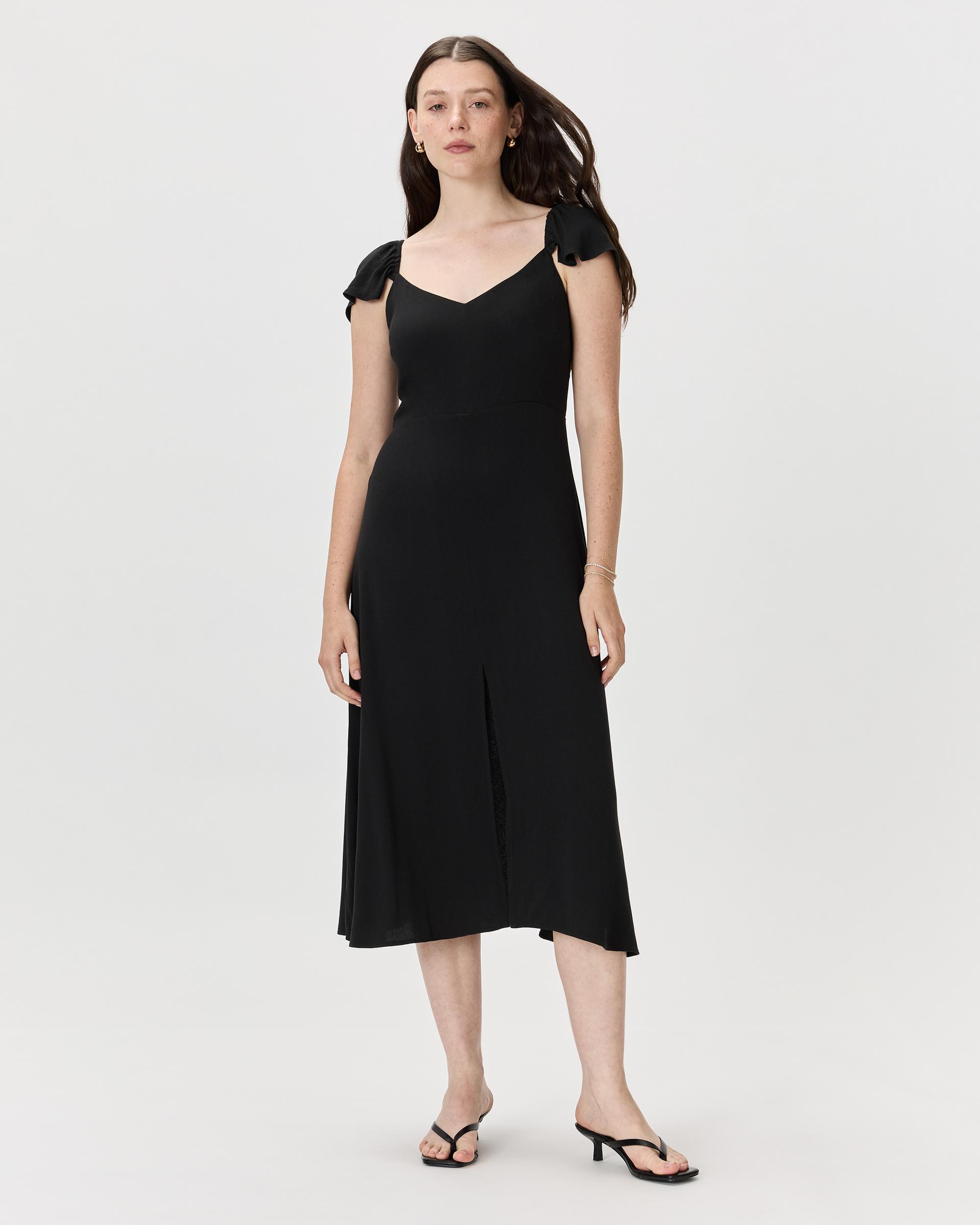 lightweight crepe flutter sleeve midi dress