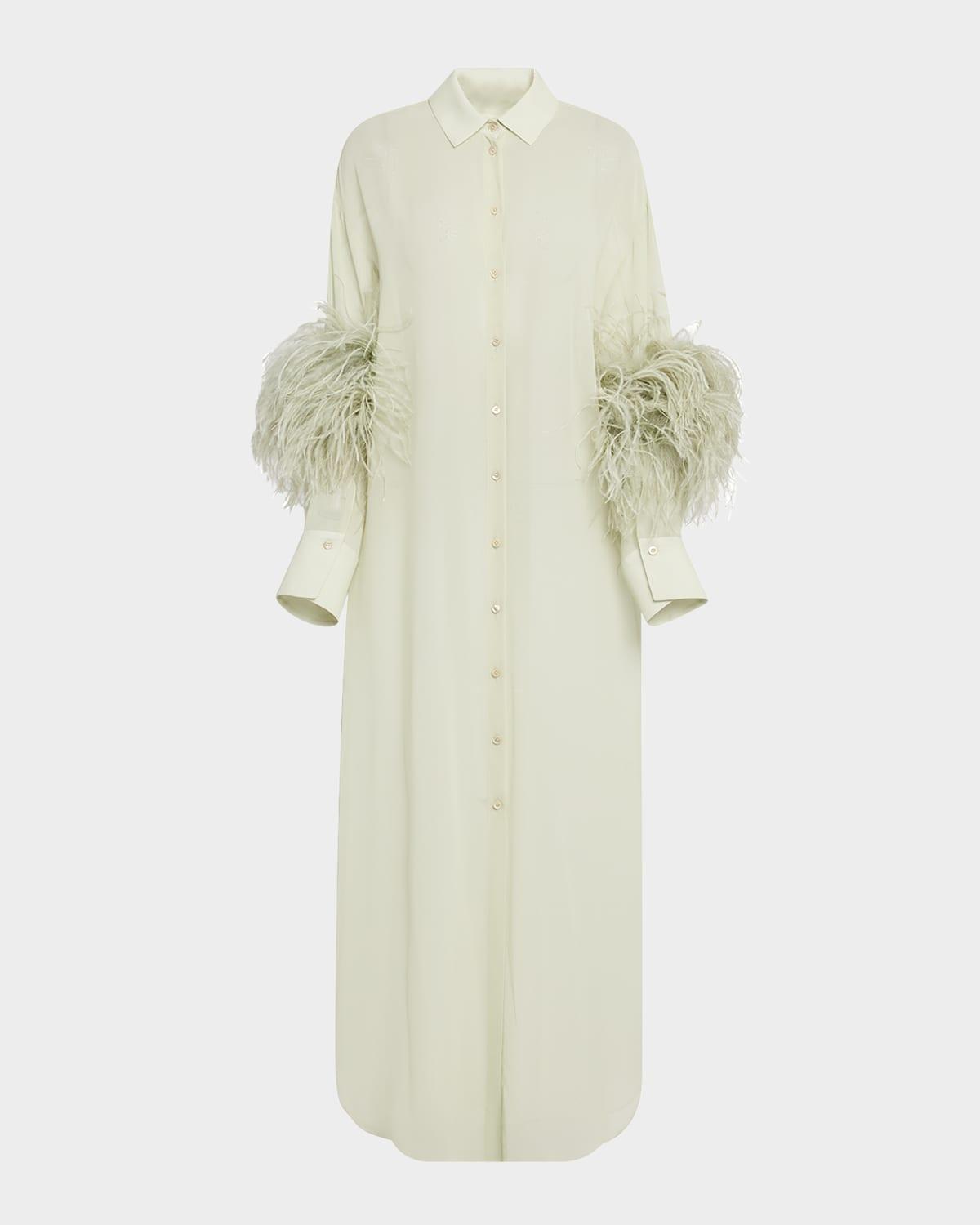 lightweight georgette long button down with feathers