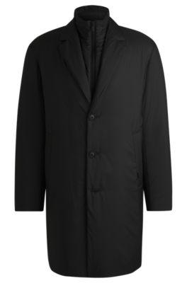lightweight water-repellent padded coat with zip-up inner- black men's formal coats