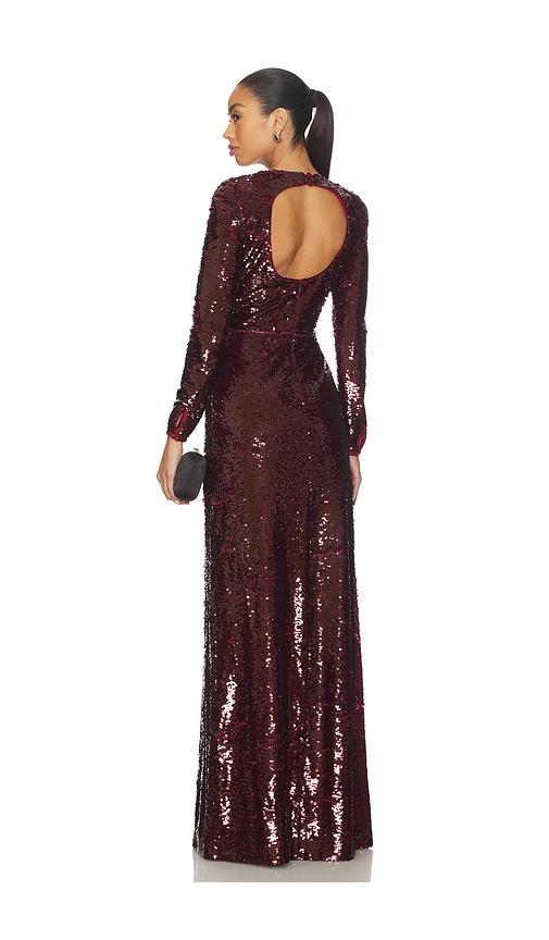 likely reese gown in burgundy.