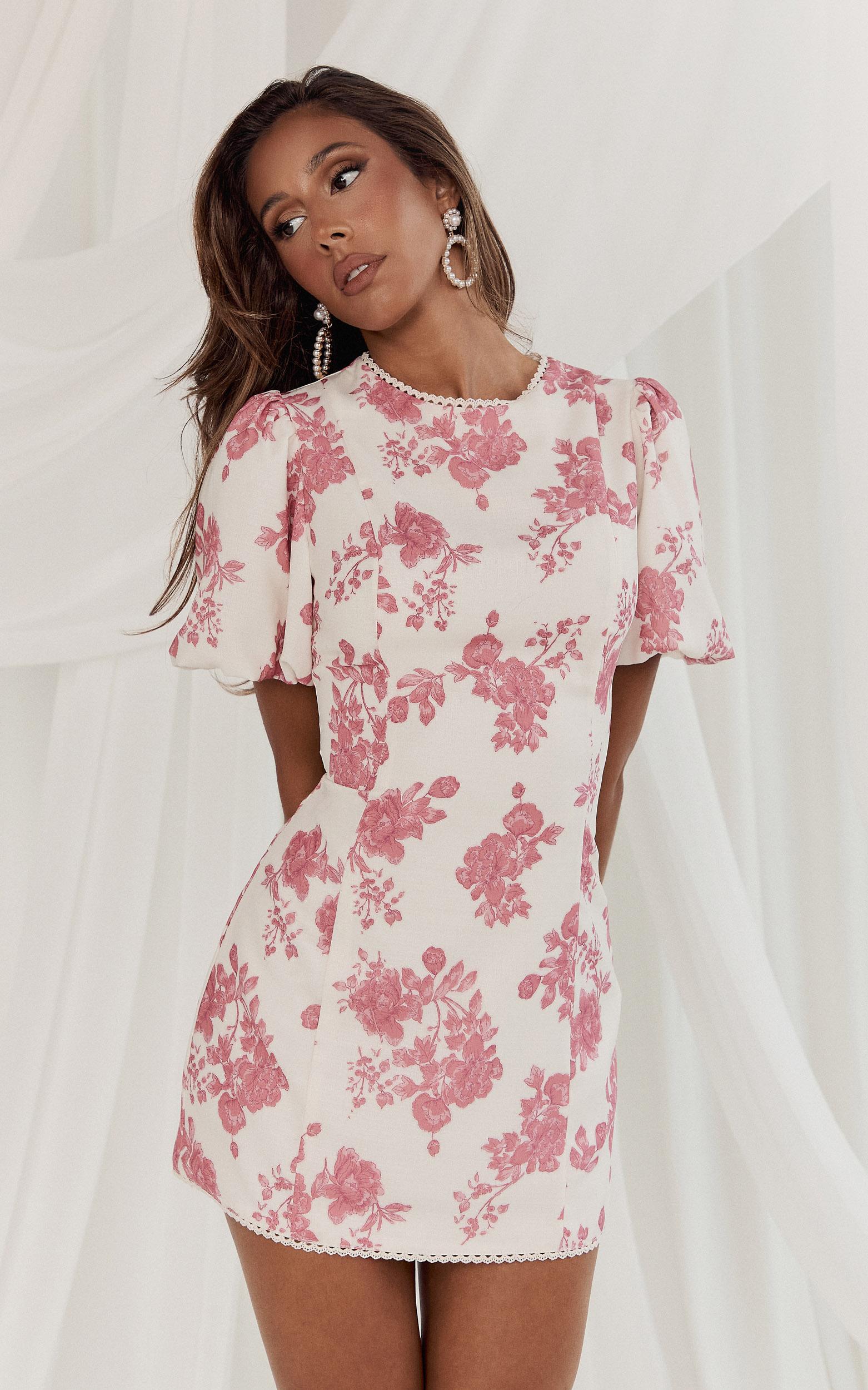 lila mini dress - high neck puff sleeve lace back fitted dress in toile de joie print