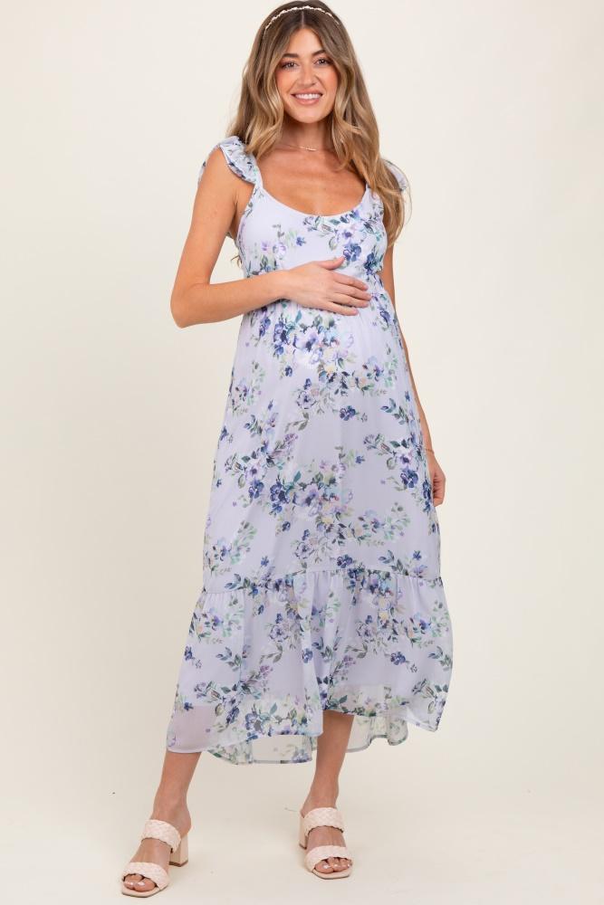 lilac floral textured open back tie maternity maxi dress