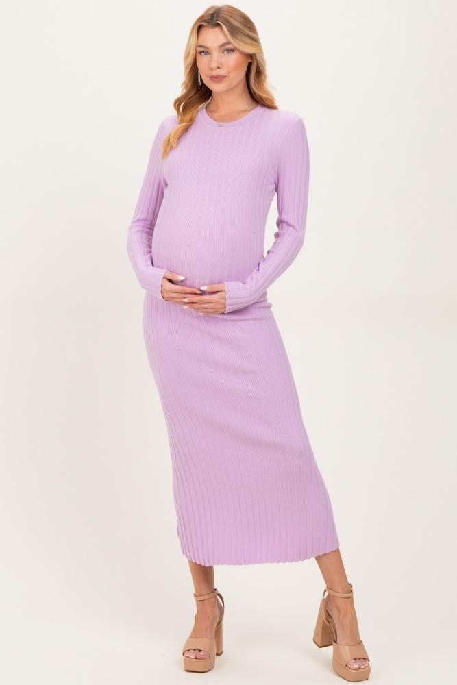 lilac ribbed knit fitted maternity midi sweater dress