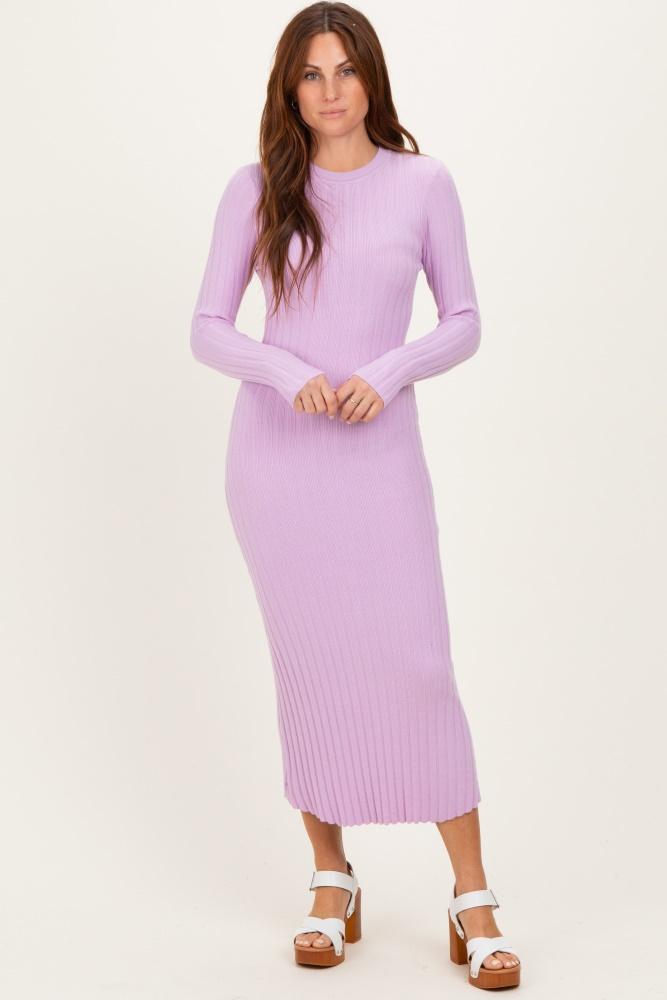 lilac ribbed knit fitted midi sweater dress