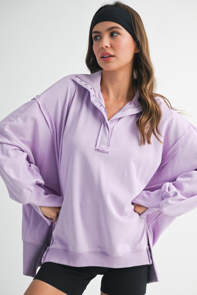 lilac snap button pullover henley sweatshirt