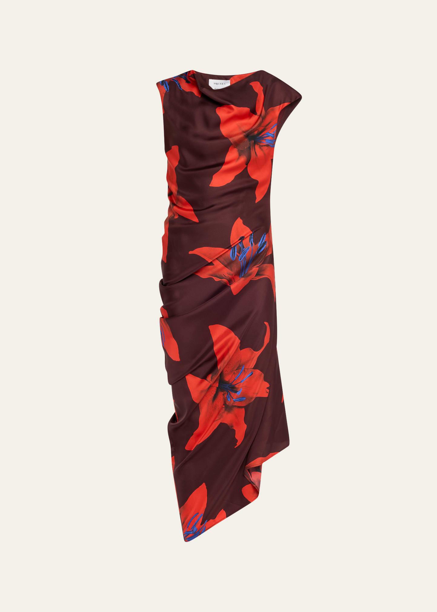 lily-print draped short-sleeve midi dress