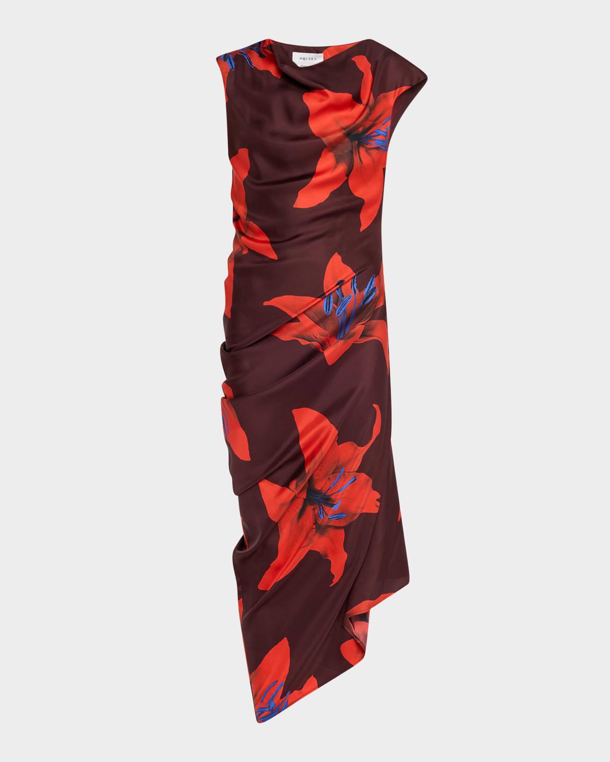 lily-print draped short-sleeve midi dress