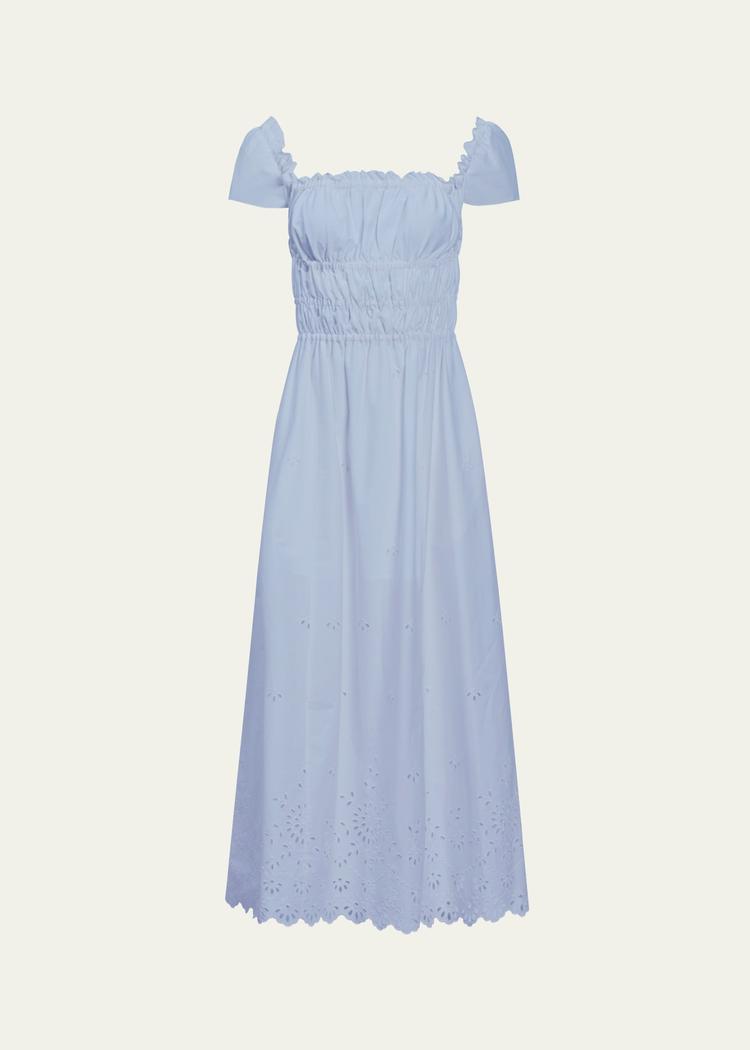 lily smocked midi dress with eyelet embroidery
