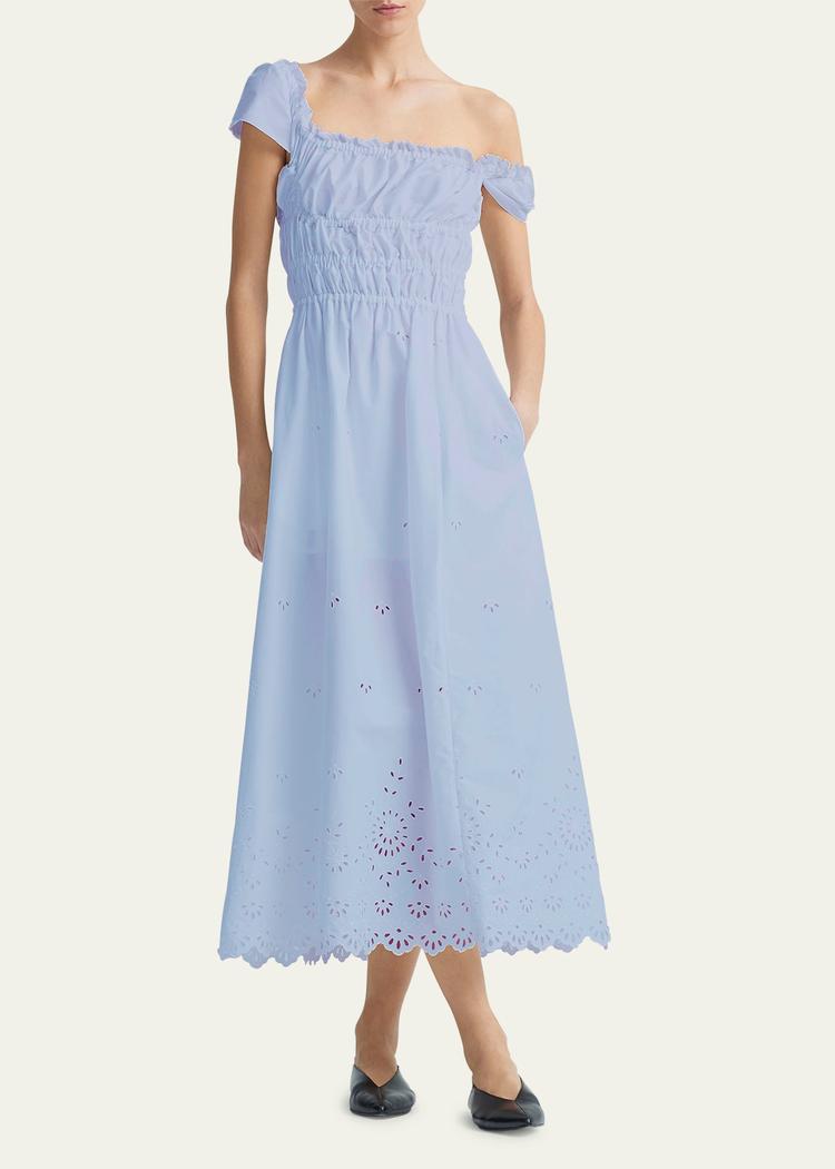 lily smocked midi dress with eyelet embroidery