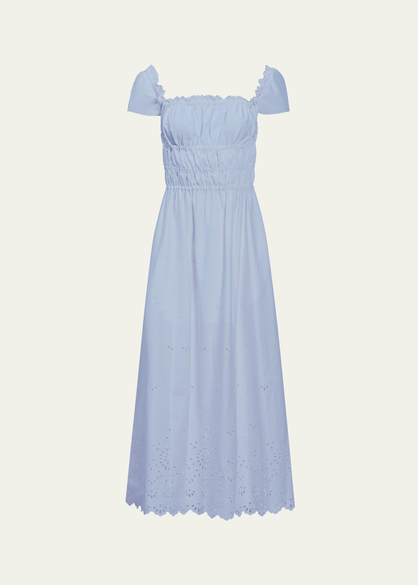 lily smocked midi dress with eyelet embroidery