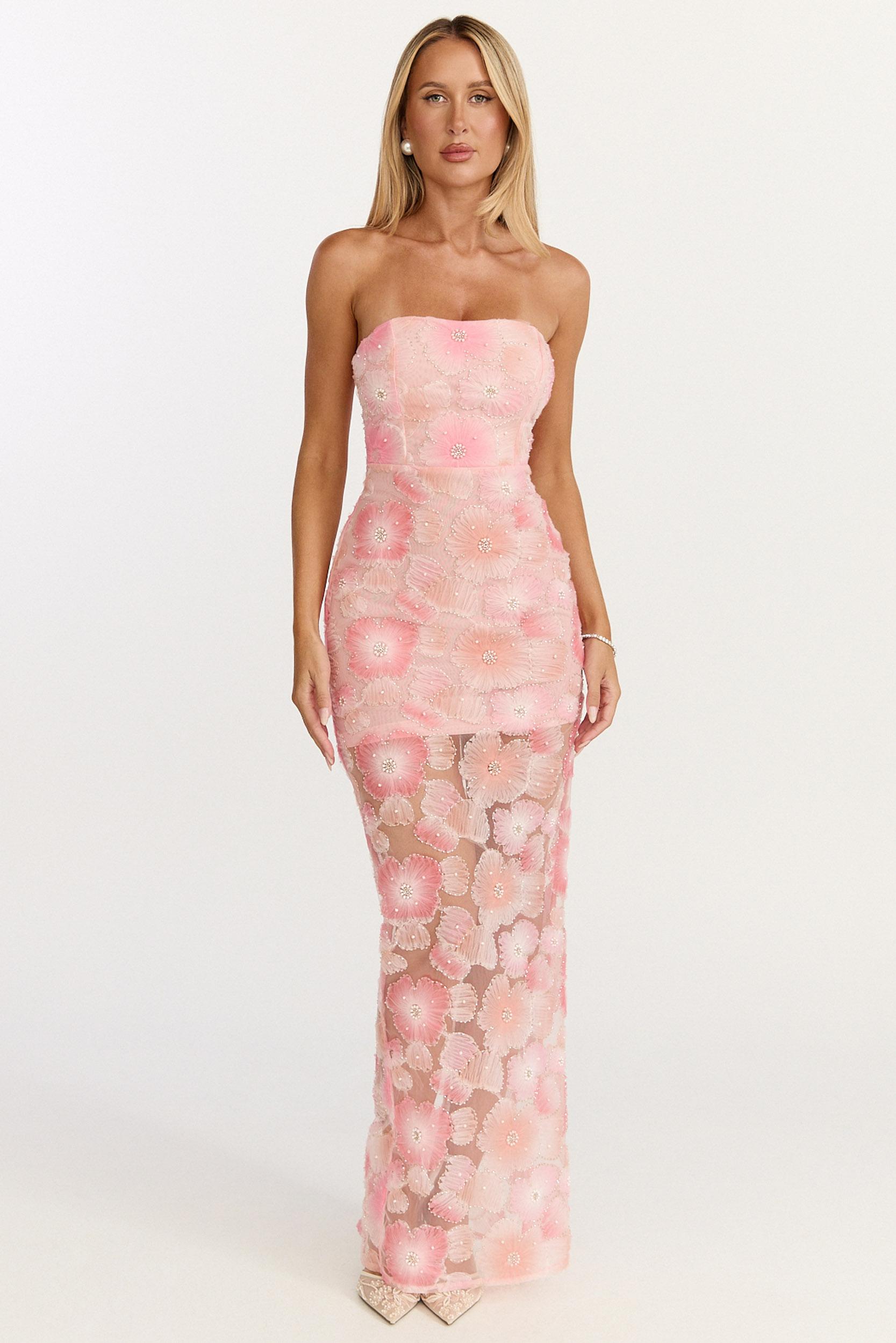 lima maxi dress - strapless floral embellished column dress in pink