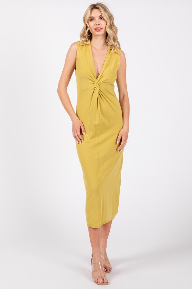 lime collared sleeveless twist knit midi dress