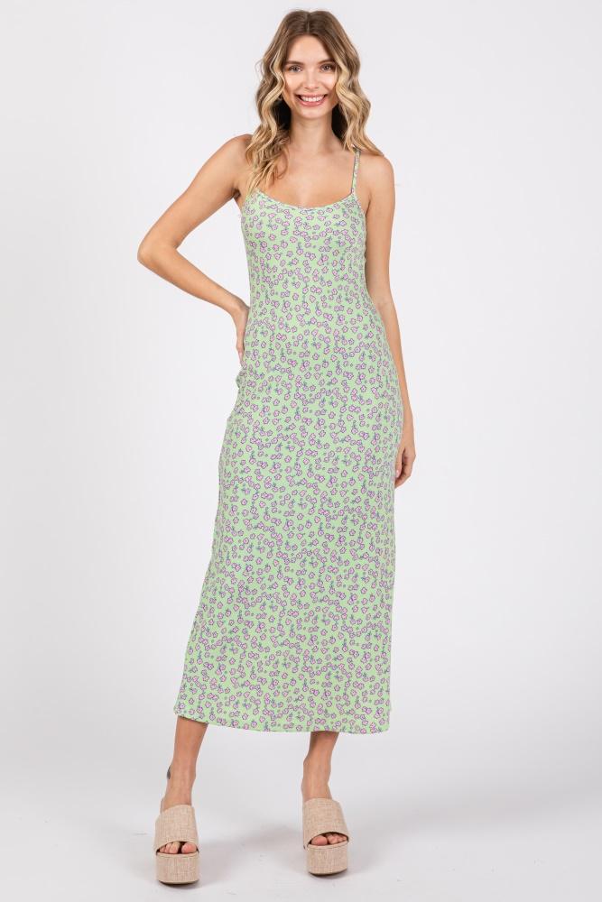 lime floral sleeveless midi dress