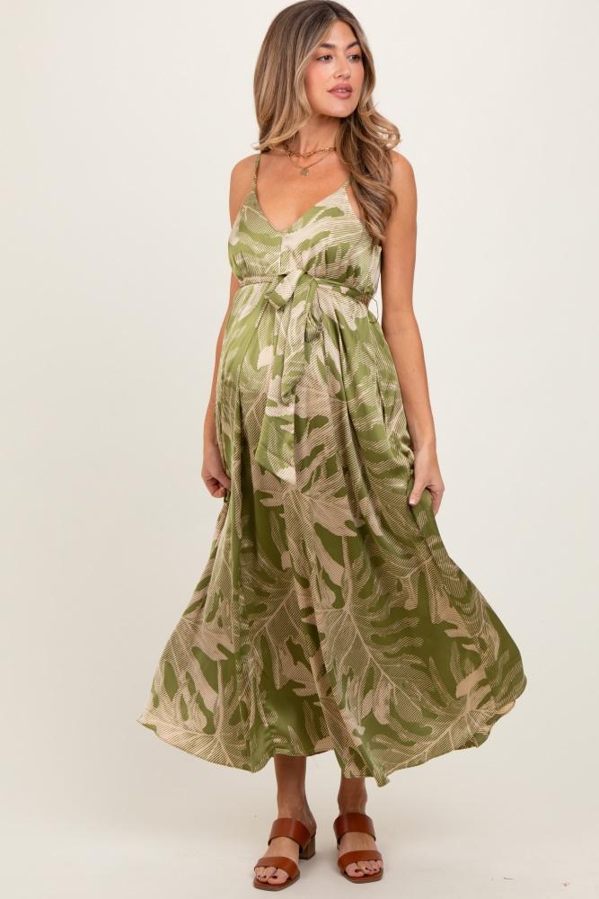 lime green leaf print sash tie maternity midi dress