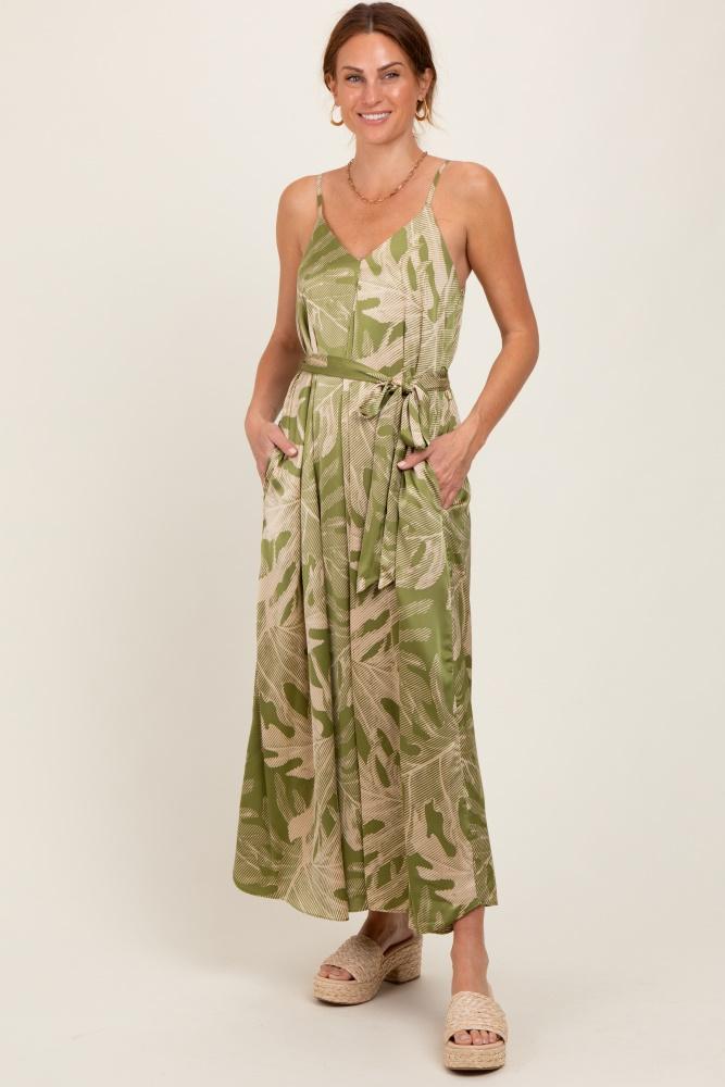 lime green leaf print sash tie midi dress