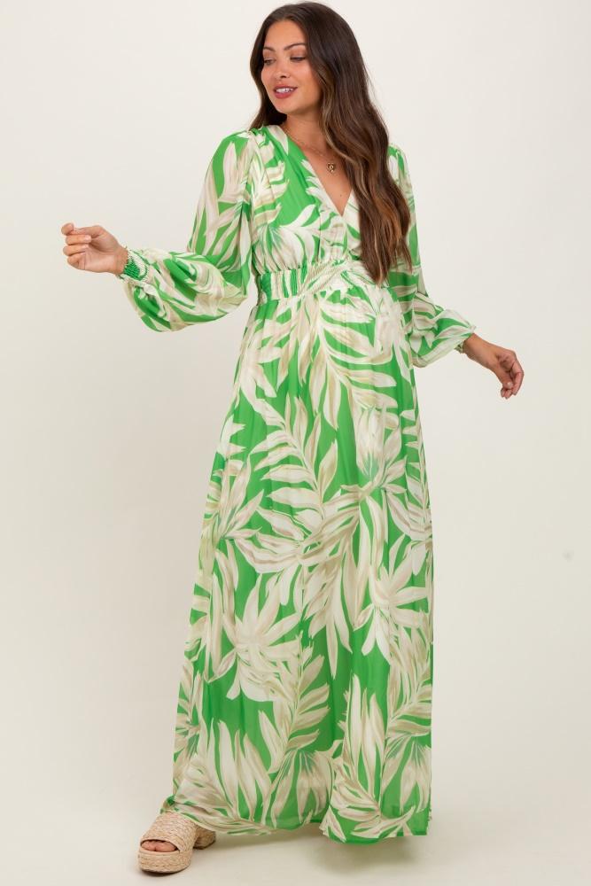 lime leaf print smocked waist long sleeve maternity maxi dress