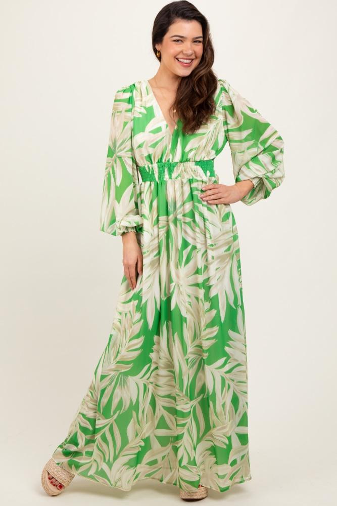 lime leaf print smocked waist long sleeve maxi dress