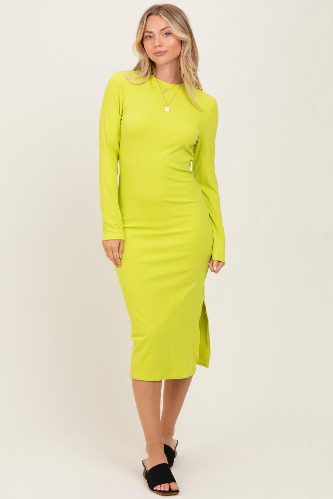 lime ribbed mock neck long sleeve midi dress