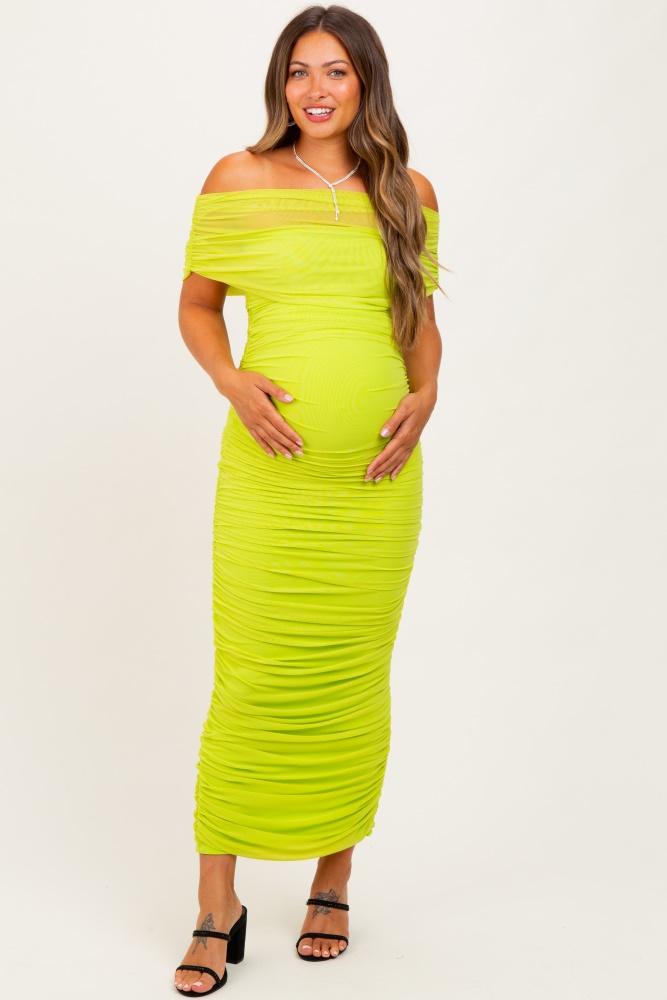 lime ruched mesh foldover off shoulder maternity maxi dress