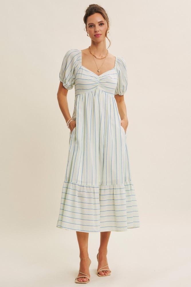 lime stripe sweetheart neckline midi dress