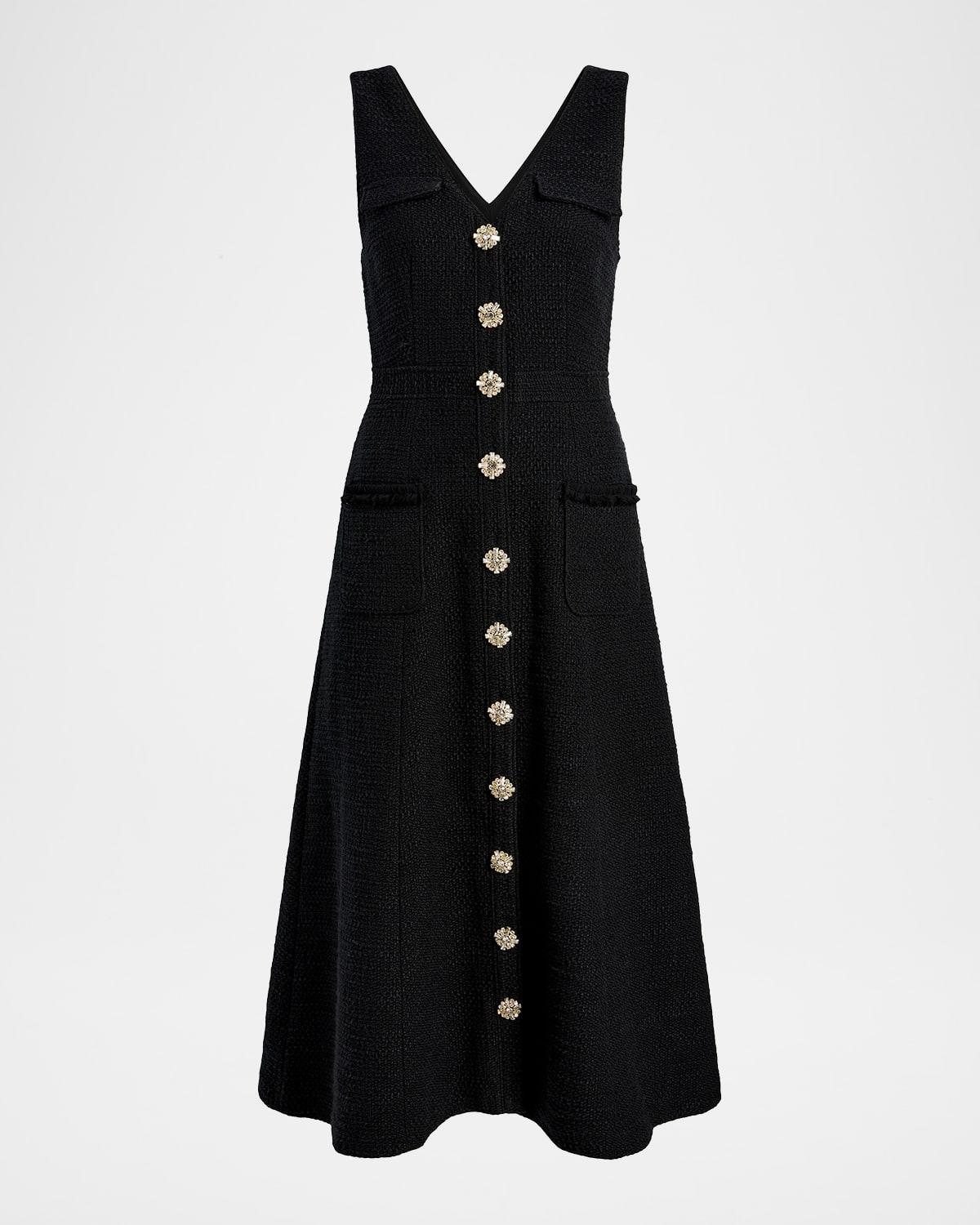 linda buttoned tweed midi dress