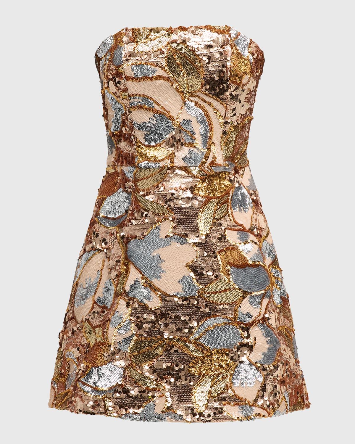 linda strapless floral sequin a-line mini dress