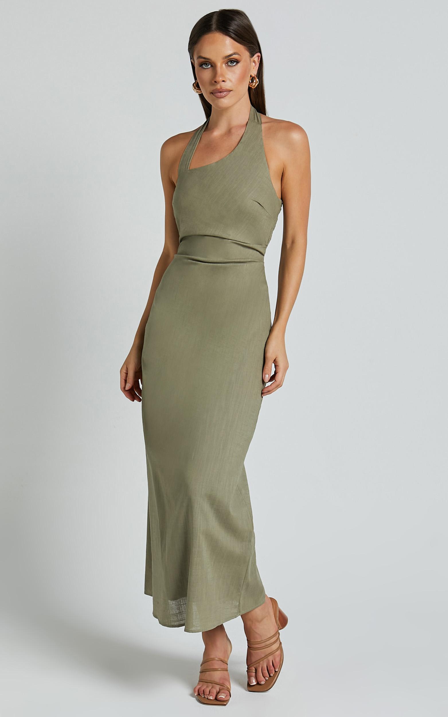 lindley midi dress - halter neck linen look dress in olive