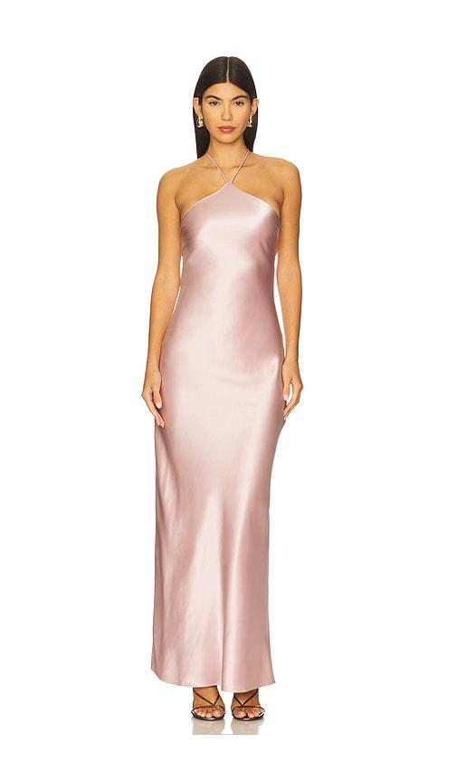 line & dot alisa satin maxi dress in pink.