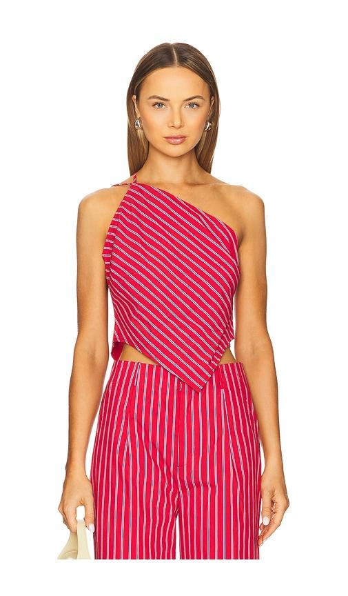 line & dot claudine asymmetrical top in red.