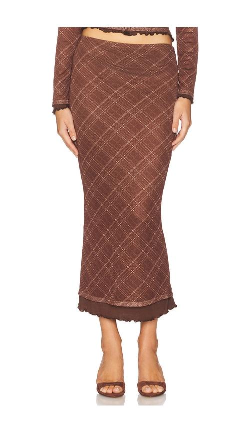line & dot richard plaid midi skirt in brown.