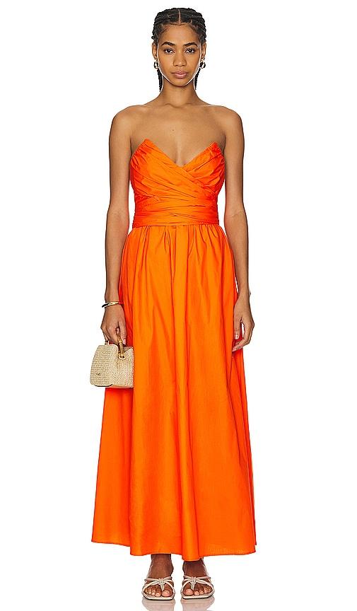 line & dot sunburst midi dress in orange.