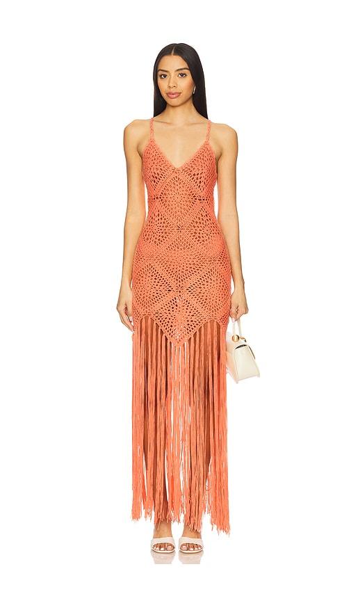 line & dot wandering crochet dress in coral.